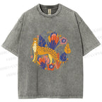 Unisex Panther in Plants Printed Washed Tee