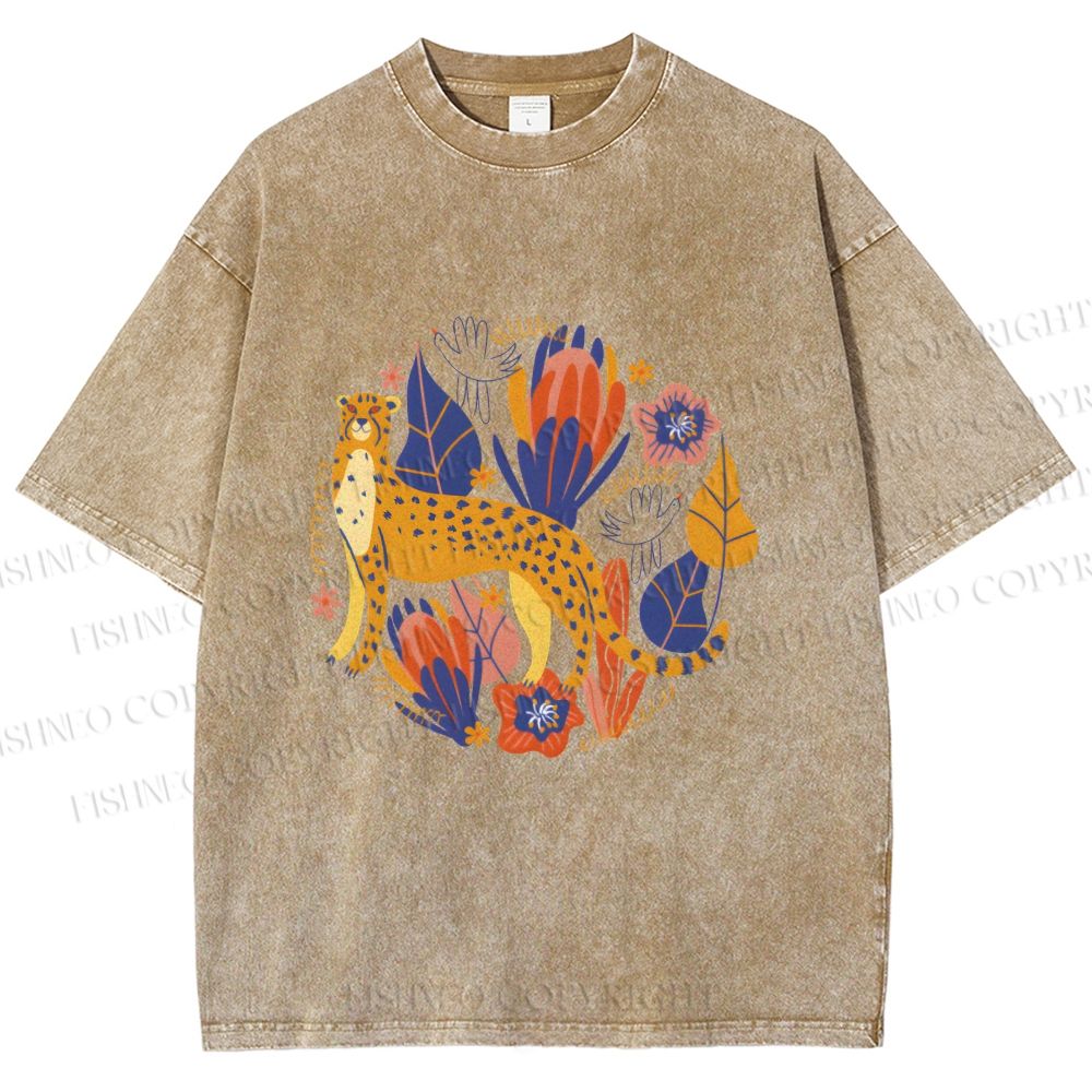 Unisex Panther in Plants Printed Washed Tee