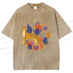 Unisex Panther in Plants Printed Washed Tee