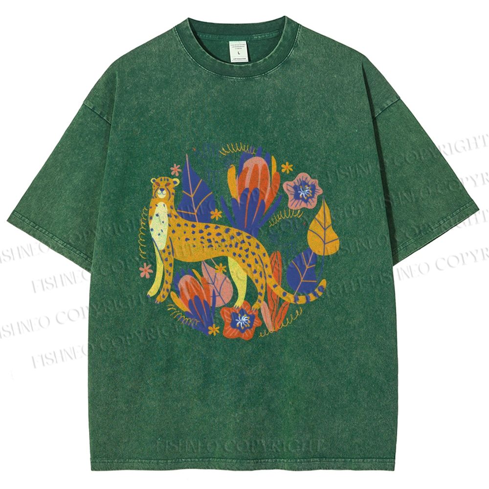 Unisex Panther in Plants Printed Washed Tee
