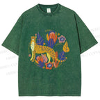 Unisex Panther in Plants Printed Washed Tee