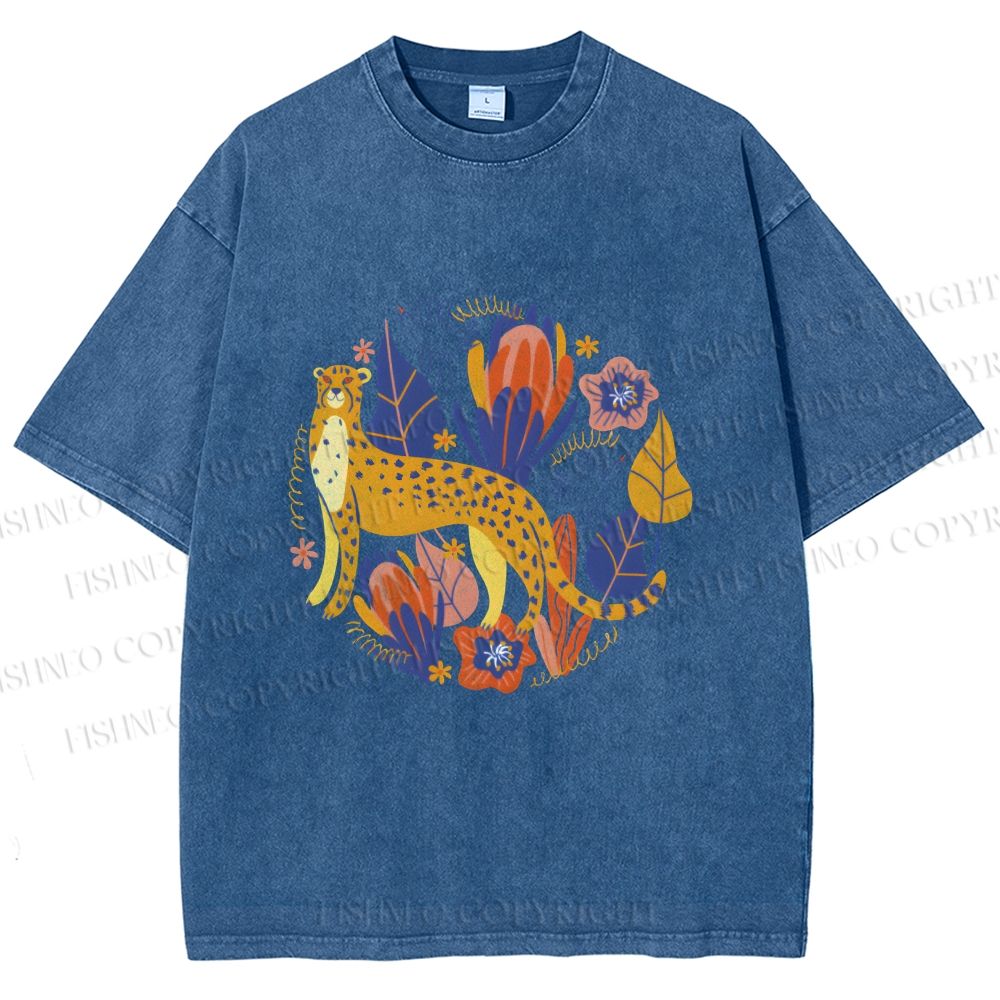 Unisex Panther in Plants Printed Washed Tee