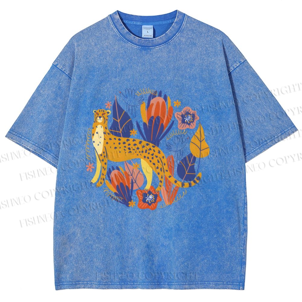 Unisex Panther in Plants Printed Washed Tee