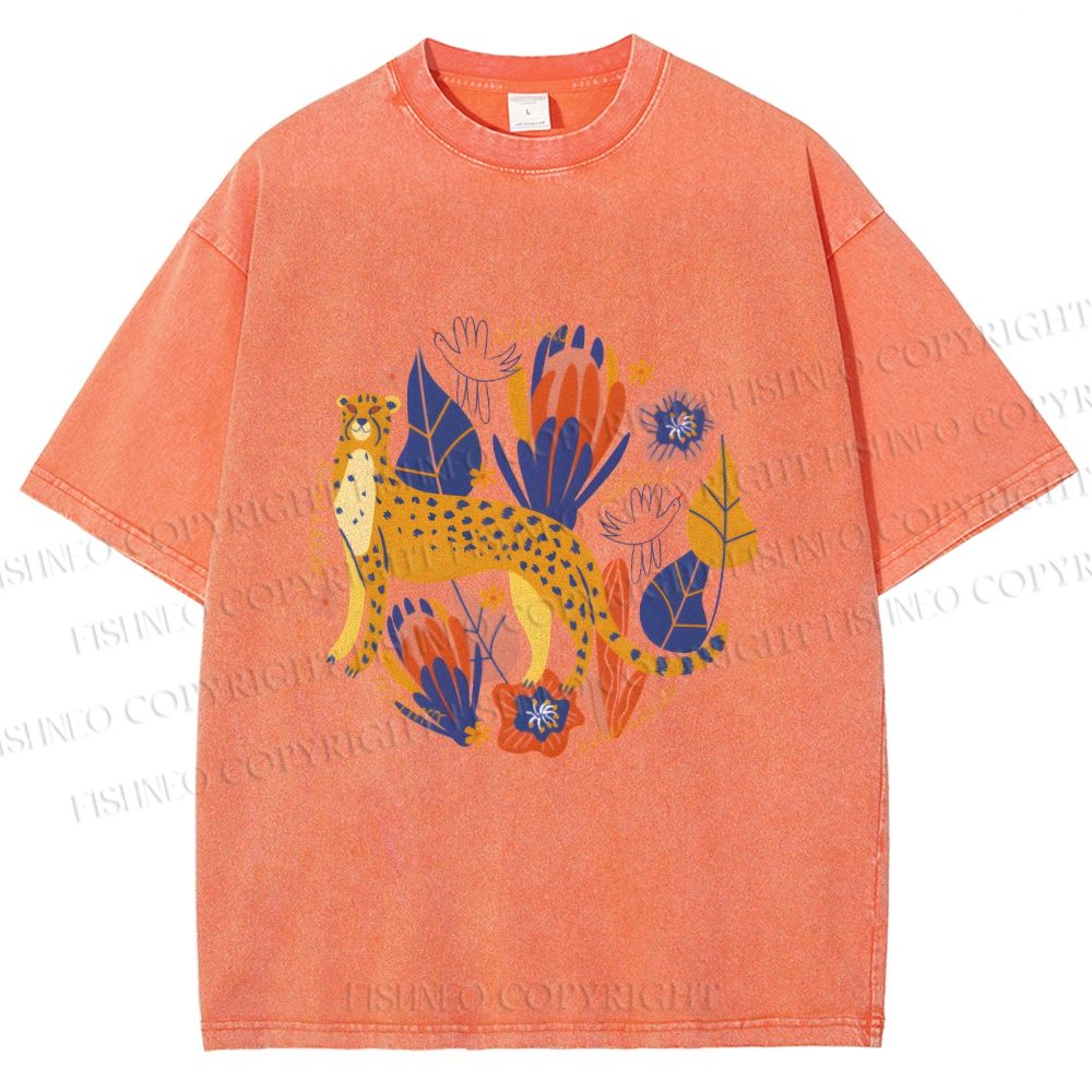 Unisex Panther in Plants Printed Washed Tee