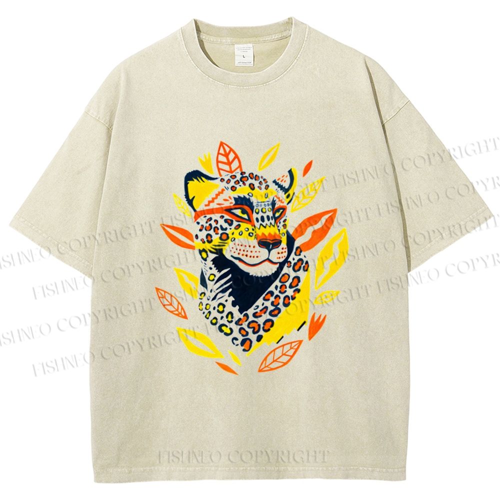Unisex Panther With Leaves Printed Washed Tee