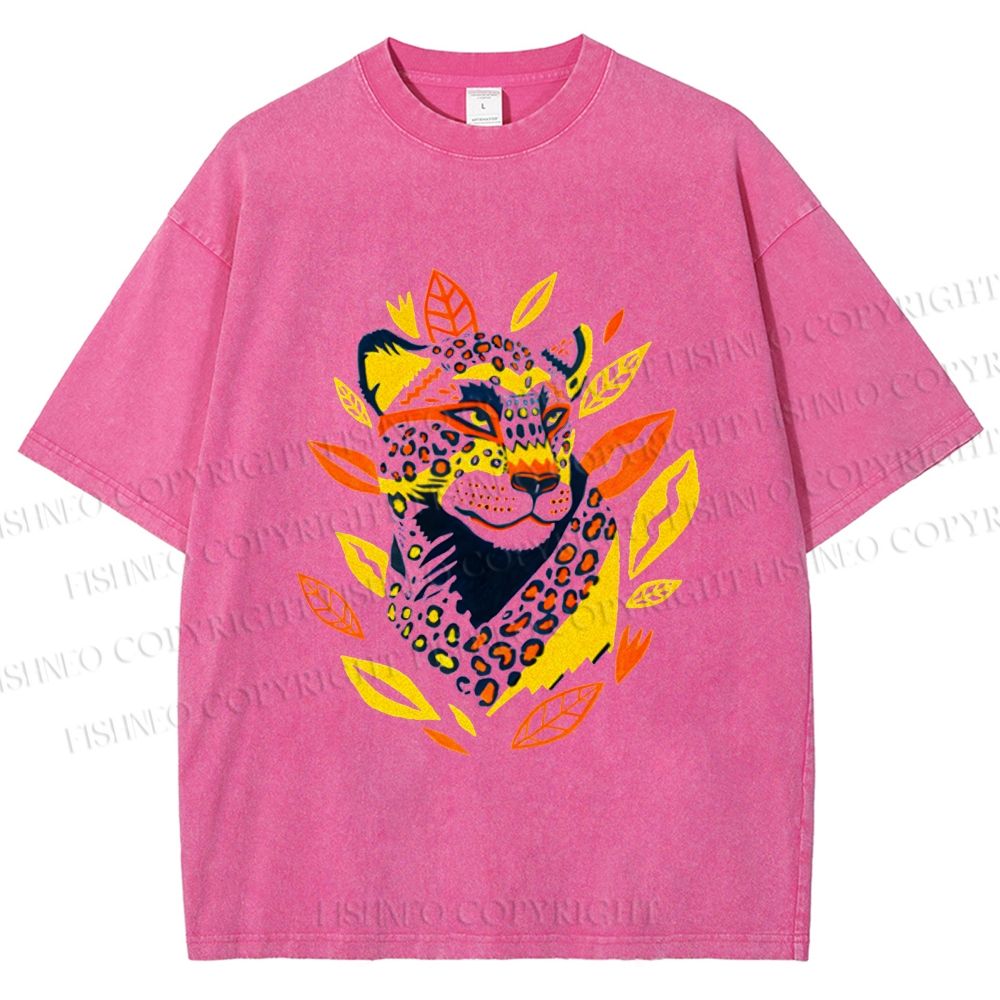 Unisex Panther With Leaves Printed Washed Tee