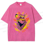 Unisex Panther With Leaves Printed Washed Tee