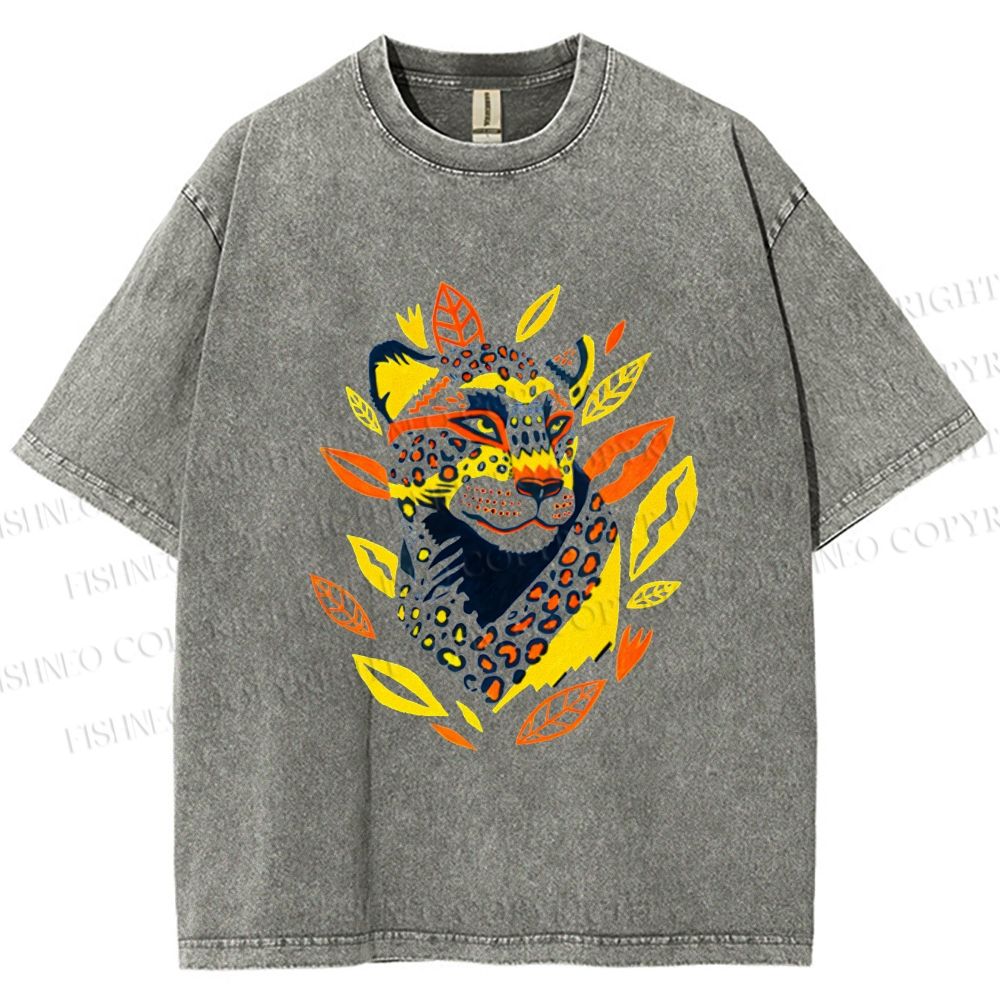 Unisex Panther With Leaves Printed Washed Tee