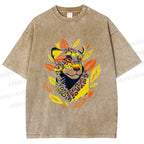Unisex Panther With Leaves Printed Washed Tee