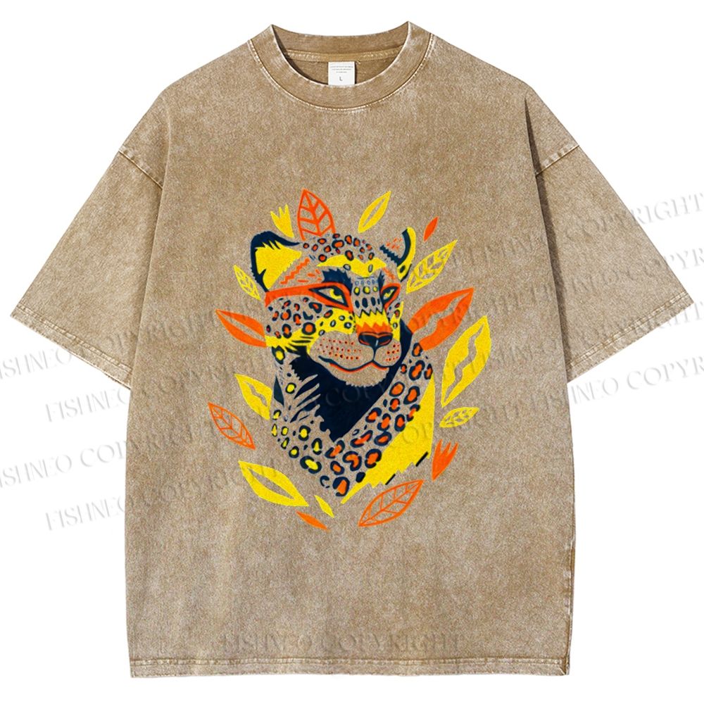 Unisex Panther With Leaves Printed Washed Tee