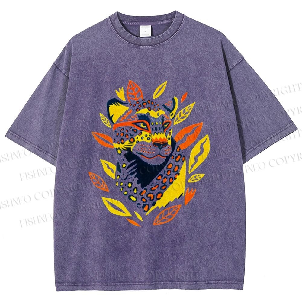Unisex Panther With Leaves Printed Washed Tee