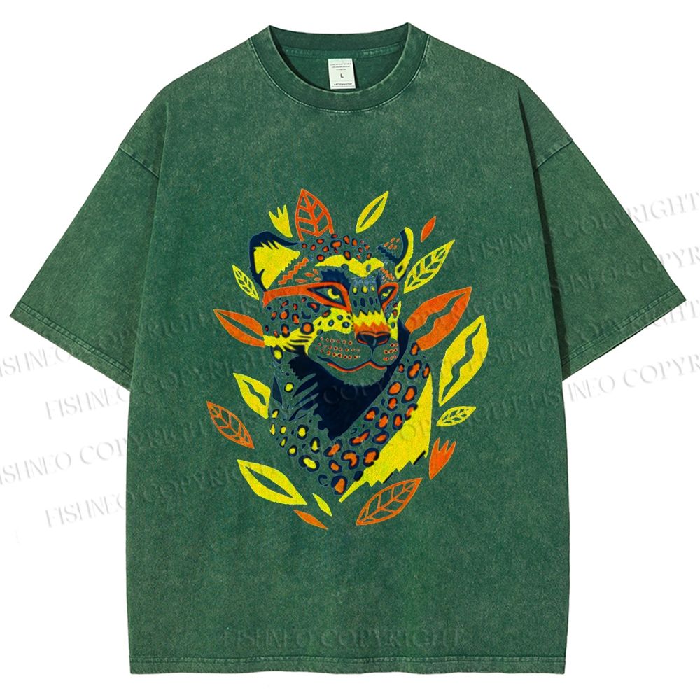 Unisex Panther With Leaves Printed Washed Tee