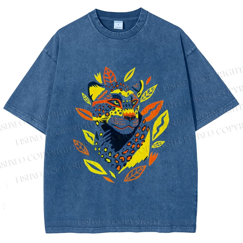 Unisex Panther With Leaves Printed Washed Tee