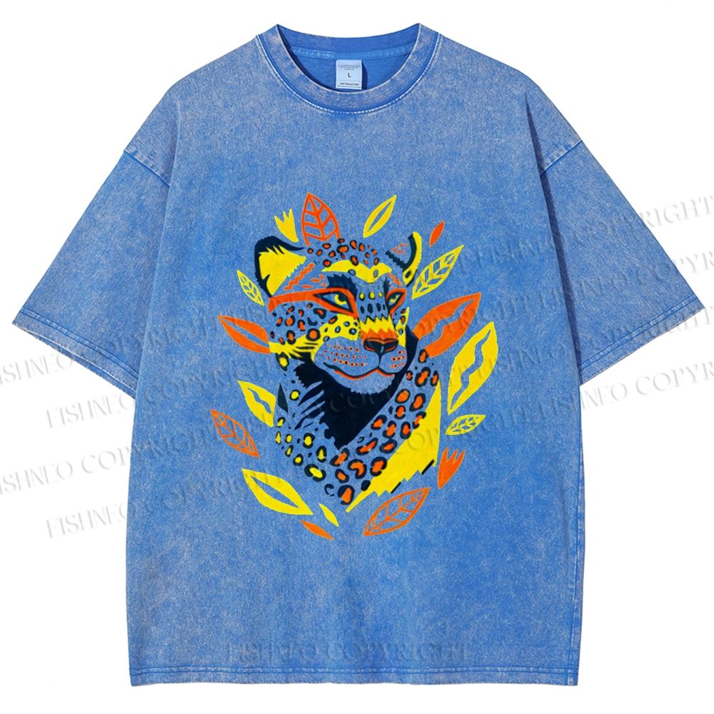 Unisex Panther With Leaves Printed Washed Tee