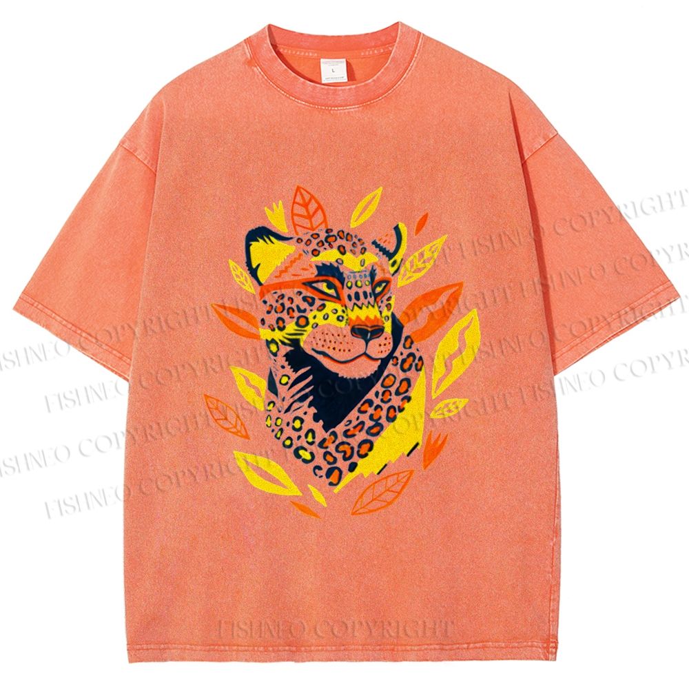 Unisex Panther With Leaves Printed Washed Tee