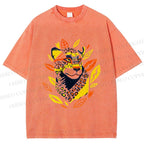 Unisex Panther With Leaves Printed Washed Tee