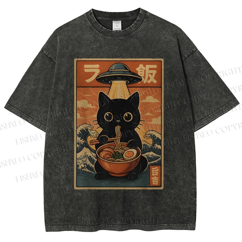 Unisex Cat Ramen Noodles UFO Printed Washed Tee