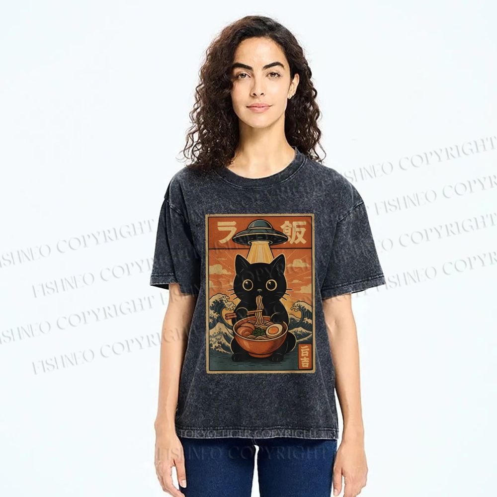 Unisex Cat Ramen Noodles UFO Printed Washed Tee