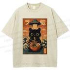 Unisex Cat Ramen Noodles UFO Printed Washed Tee