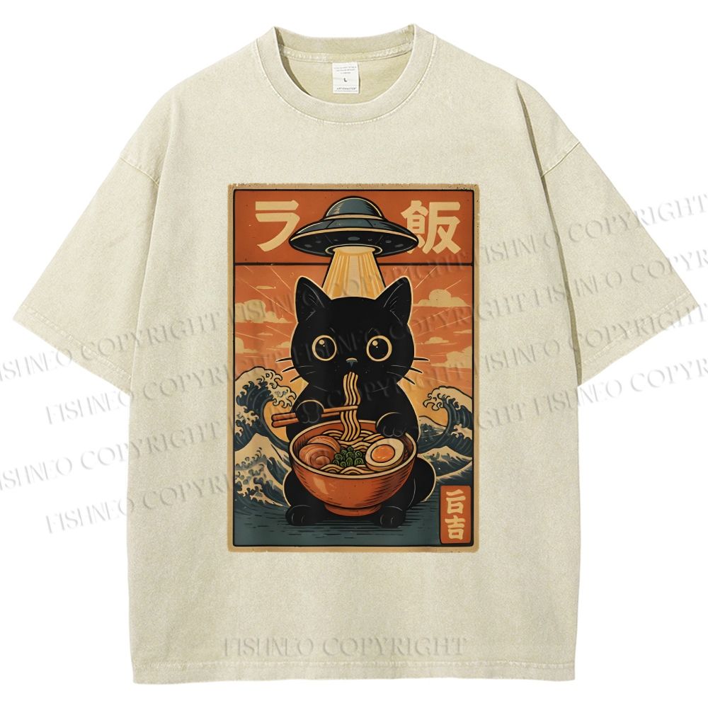 Unisex Cat Ramen Noodles UFO Printed Washed Tee