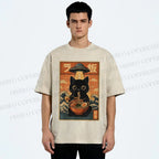 Unisex Cat Ramen Noodles UFO Printed Washed Tee