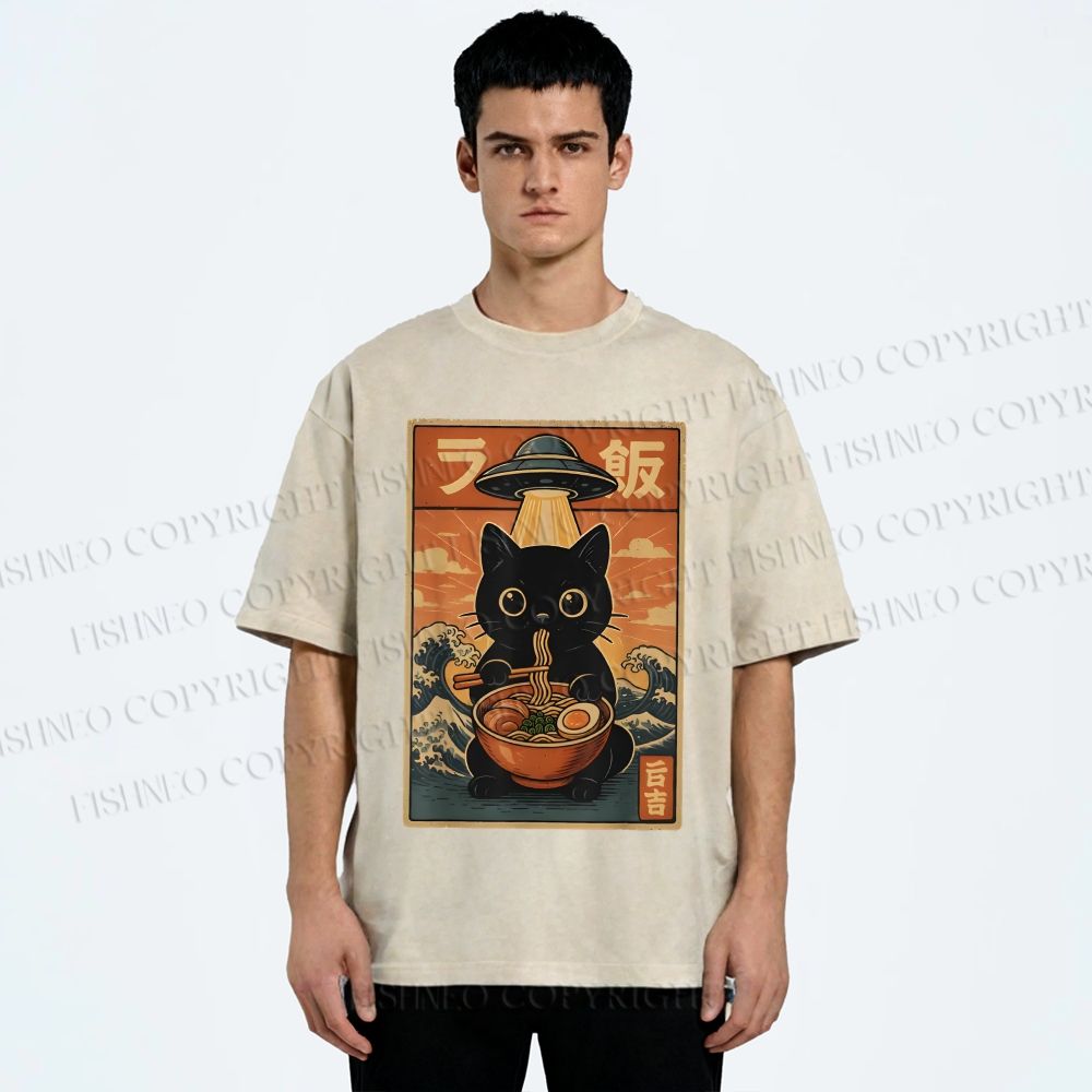 Unisex Cat Ramen Noodles UFO Printed Washed Tee