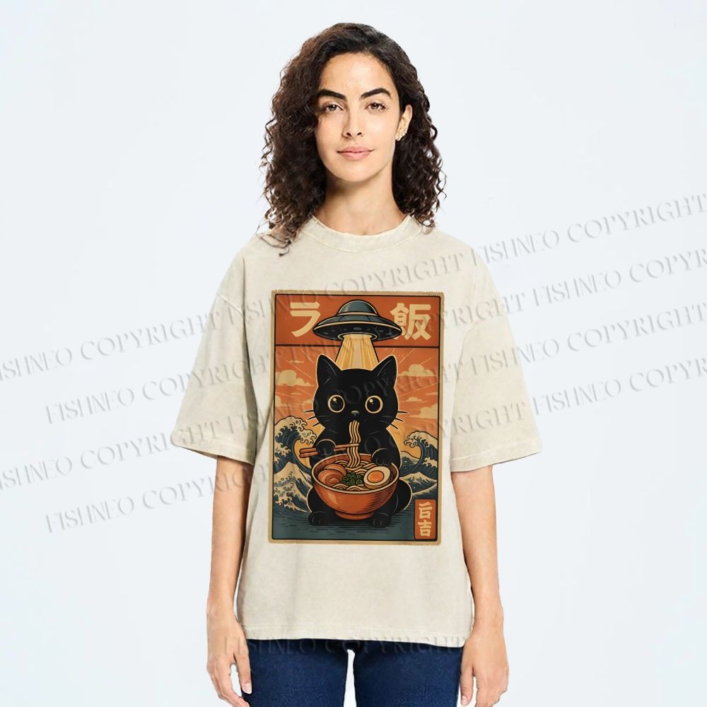 Unisex Cat Ramen Noodles UFO Printed Washed Tee