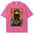 Unisex Cat Ramen Noodles UFO Printed Washed Tee