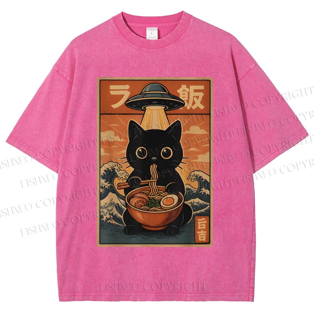 Unisex Cat Ramen Noodles UFO Printed Washed Tee