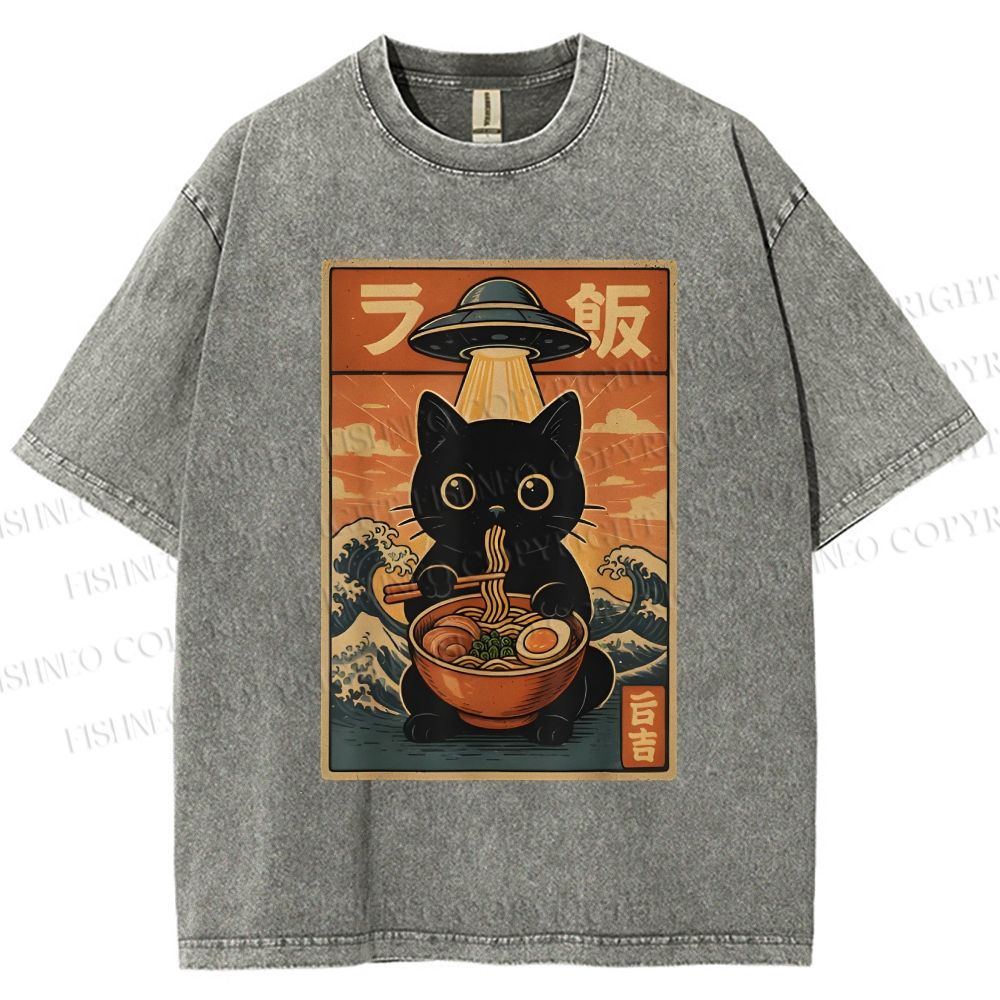 Unisex Cat Ramen Noodles UFO Printed Washed Tee