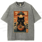 Unisex Cat Ramen Noodles UFO Printed Washed Tee
