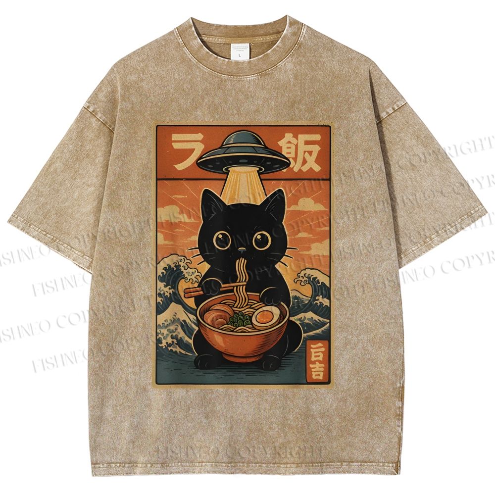 Unisex Cat Ramen Noodles UFO Printed Washed Tee