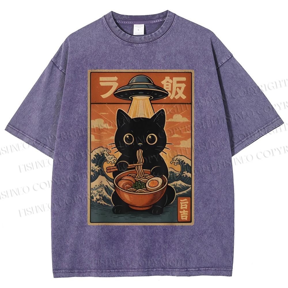 Unisex Cat Ramen Noodles UFO Printed Washed Tee