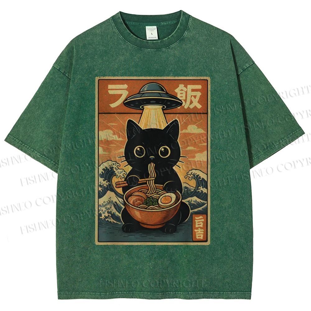 Unisex Cat Ramen Noodles UFO Printed Washed Tee