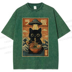 Unisex Cat Ramen Noodles UFO Printed Washed Tee