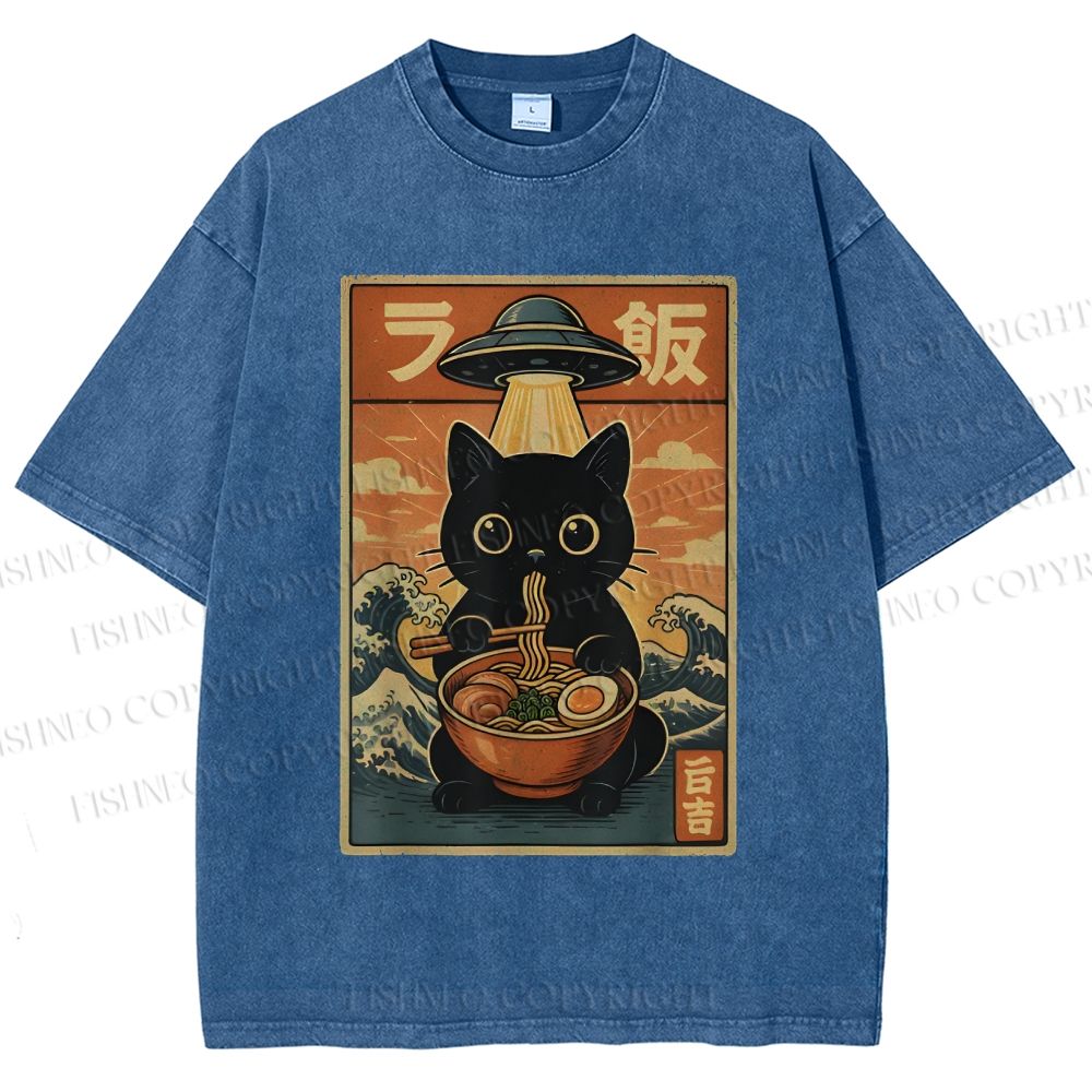 Unisex Cat Ramen Noodles UFO Printed Washed Tee