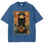 Unisex Cat Ramen Noodles UFO Printed Washed Tee