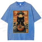 Unisex Cat Ramen Noodles UFO Printed Washed Tee