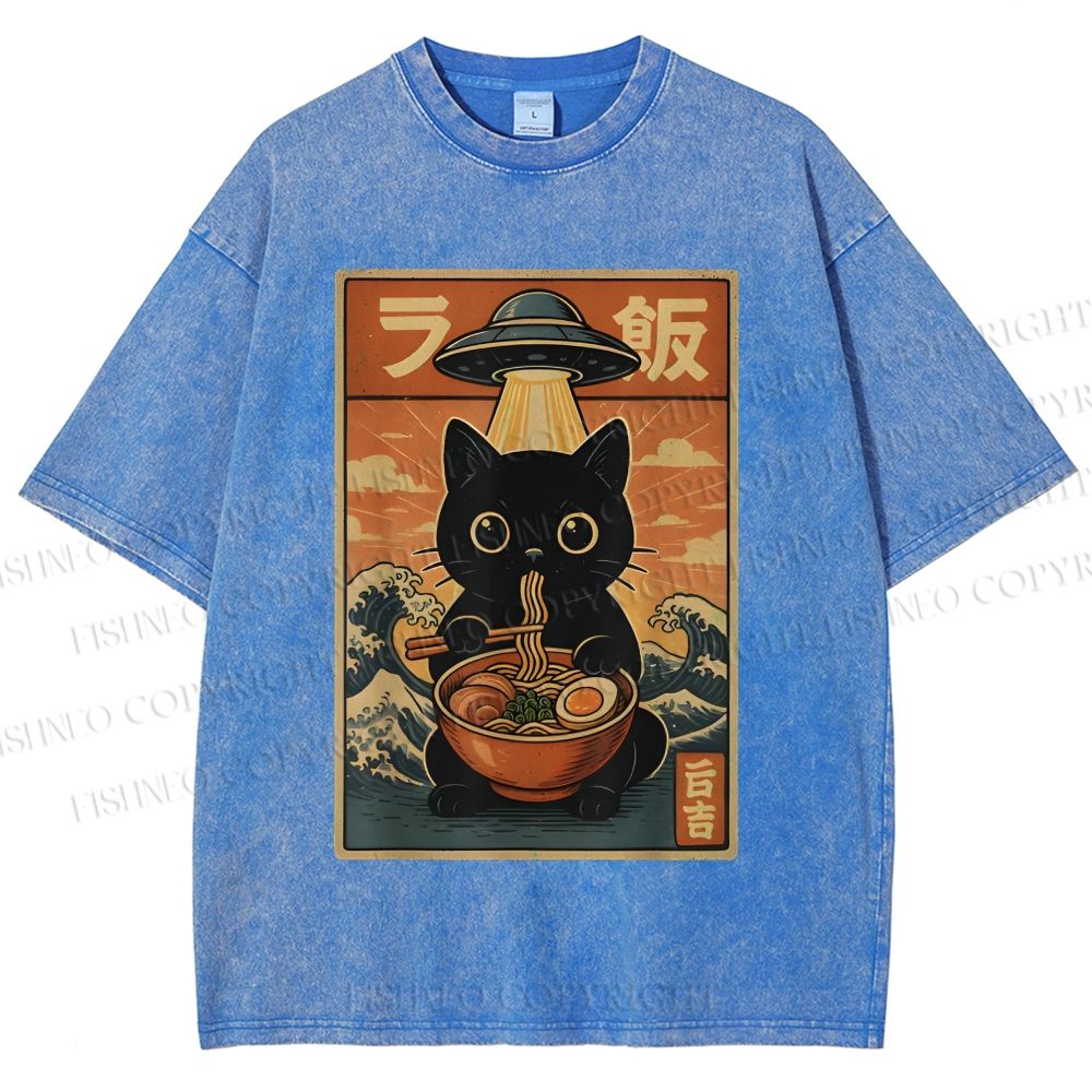 Unisex Cat Ramen Noodles UFO Printed Washed Tee