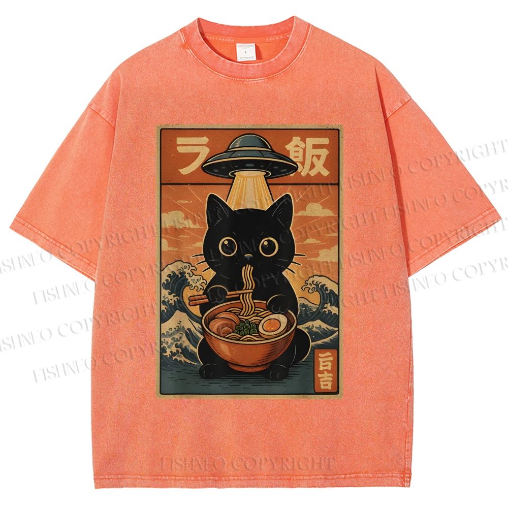 Unisex Cat Ramen Noodles UFO Printed Washed Tee