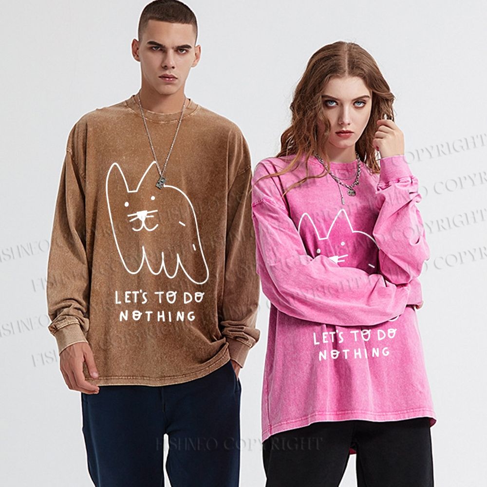 Unisex Casual Washed Weird Cat Let us to do Nothing Printed Long Sleeve T-shirt