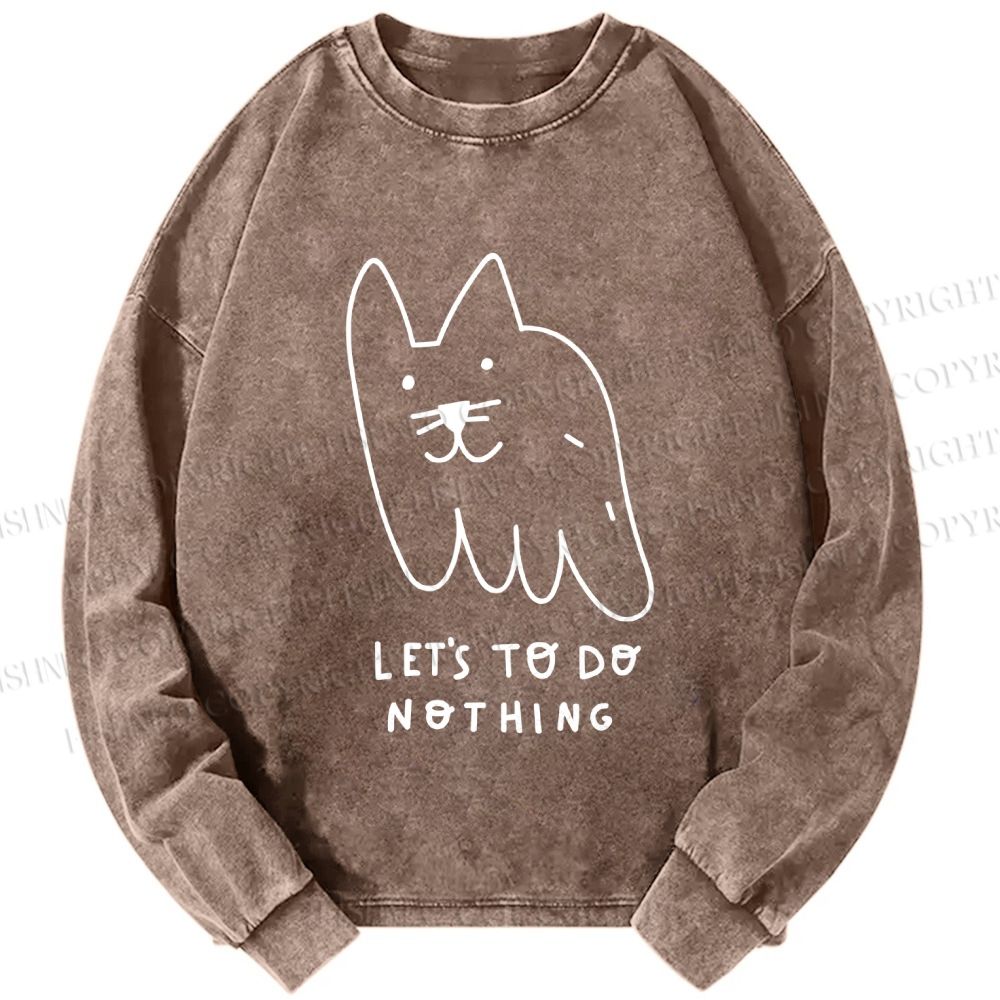 Unisex Casual Washed Weird Cat Let us to do Nothing Printed Long Sleeve T-shirt