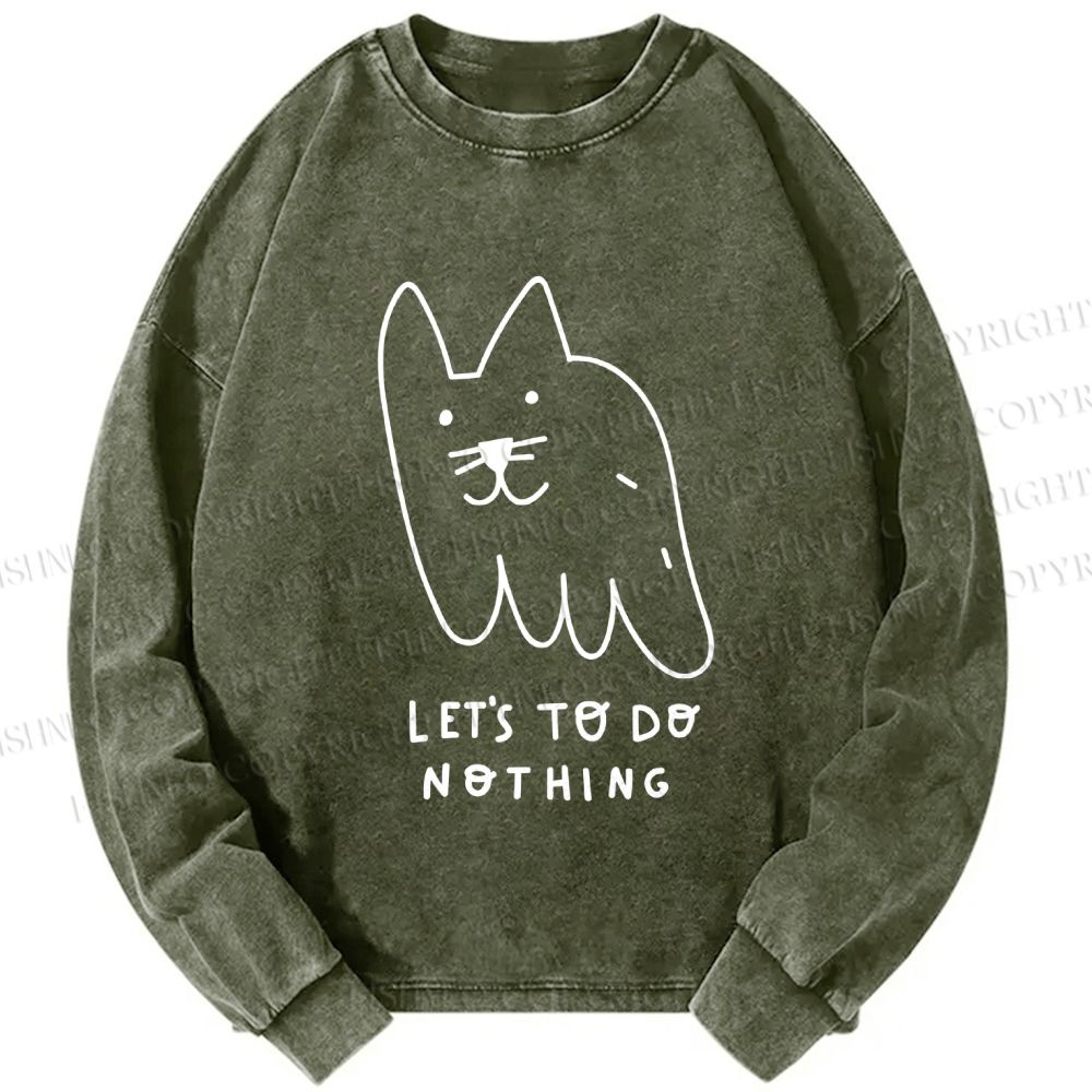 Unisex Casual Washed Weird Cat Let us to do Nothing Printed Long Sleeve T-shirt