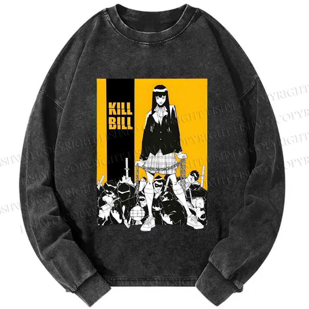 Unisex Casual Washed Kill Bill Anime Printed Long Sleeve T-shirt