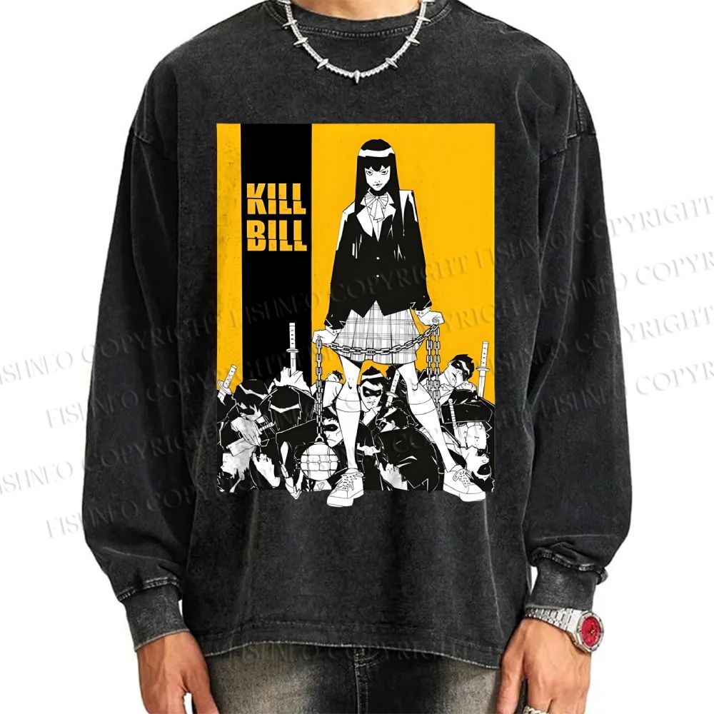 Unisex Casual Washed Kill Bill Anime Printed Long Sleeve T-shirt