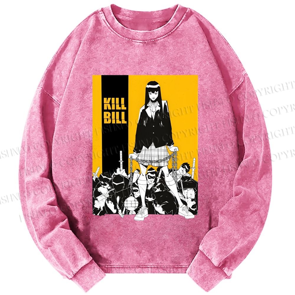 Unisex Casual Washed Kill Bill Anime Printed Long Sleeve T-shirt