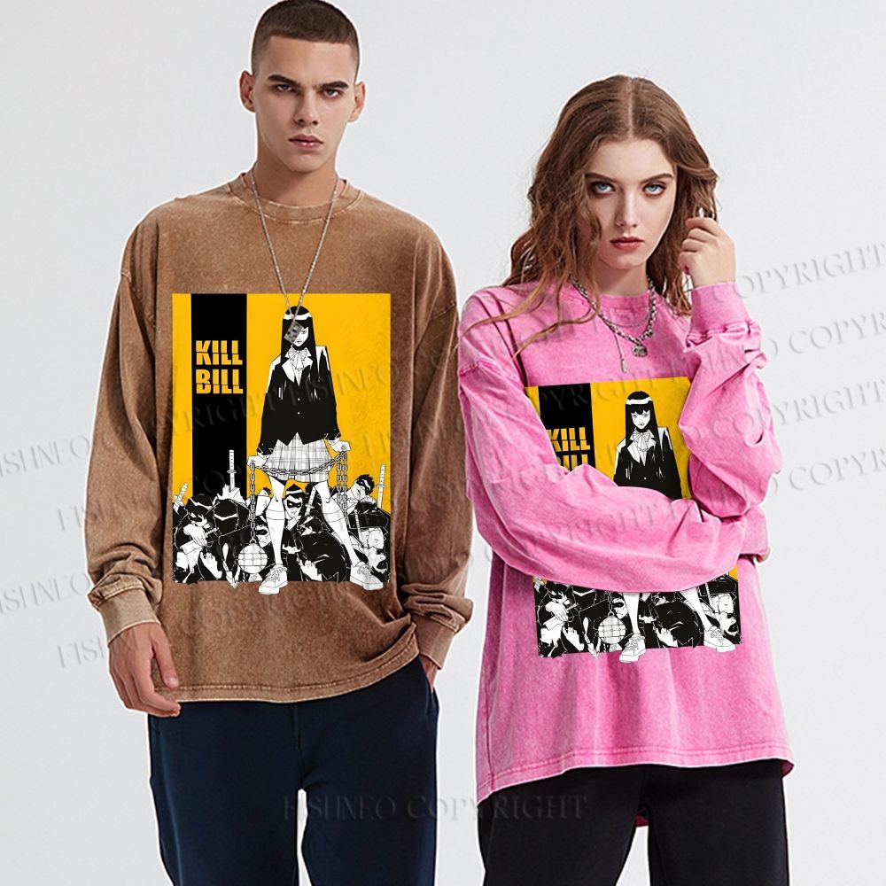 Unisex Casual Washed Kill Bill Anime Printed Long Sleeve T-shirt