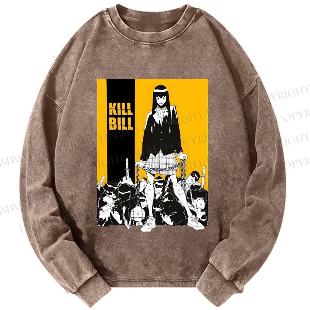 Unisex Casual Washed Kill Bill Anime Printed Long Sleeve T-shirt