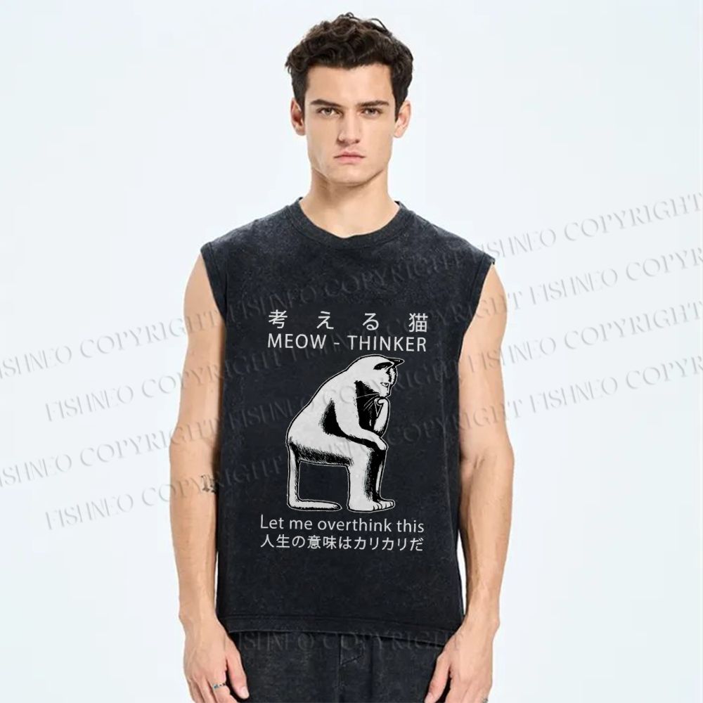Unisex Let Me Overthink This Japanese Meow Printed Washed Tank Top
