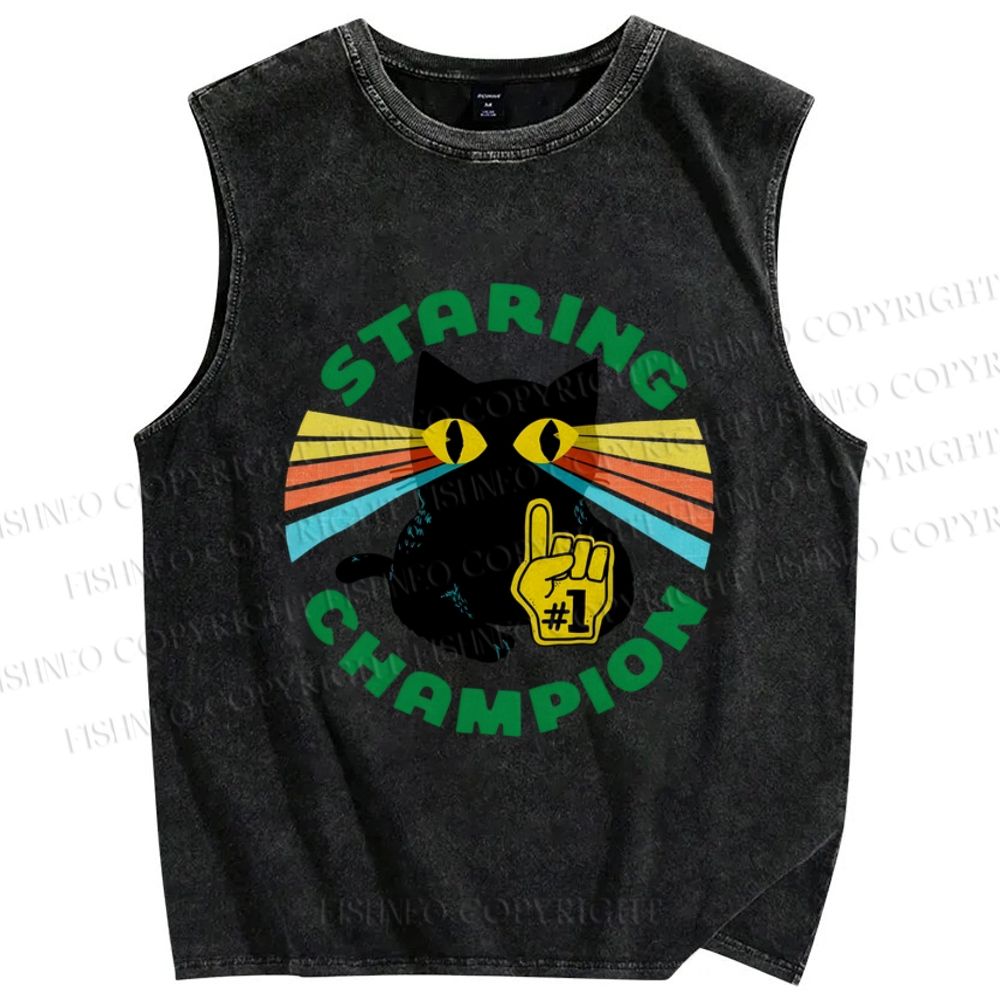 Unisex Staring Champion Cat Printed Washed Tank Top
